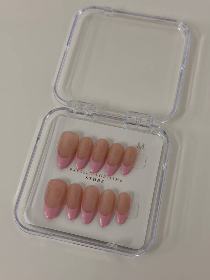 Glittery Pinky Nude with Barbie Pink Tips for wholesale by Pressed for time