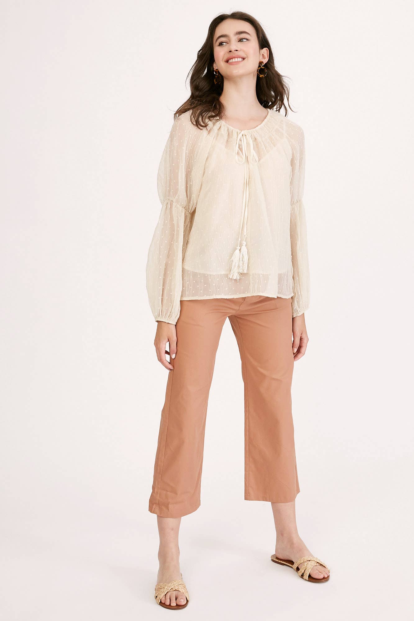 Champagne Swiss Dot Tassel Tie Blouse LT1016 for wholesale on Faire12