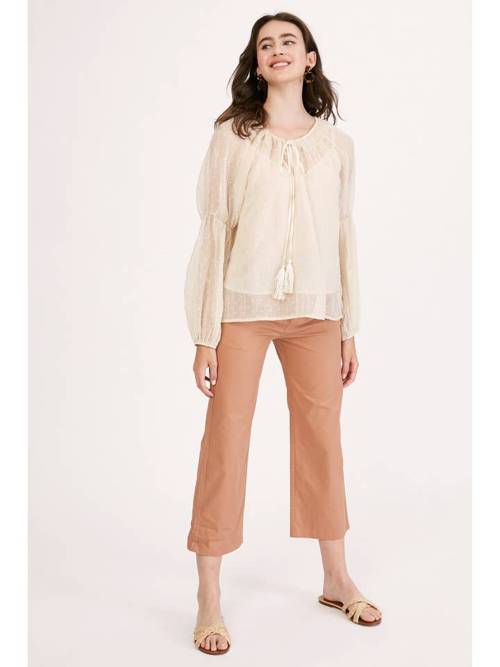Champagne Swiss Dot Tassel Tie Blouse LT1016 for wholesale on Faire12