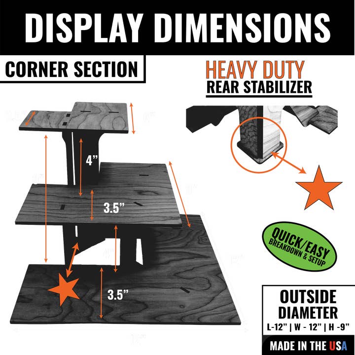 Torched Displays - Vente Support/étui pour présentoir - Présentoir d’angle en bois à 3 niveaux avec étagères4