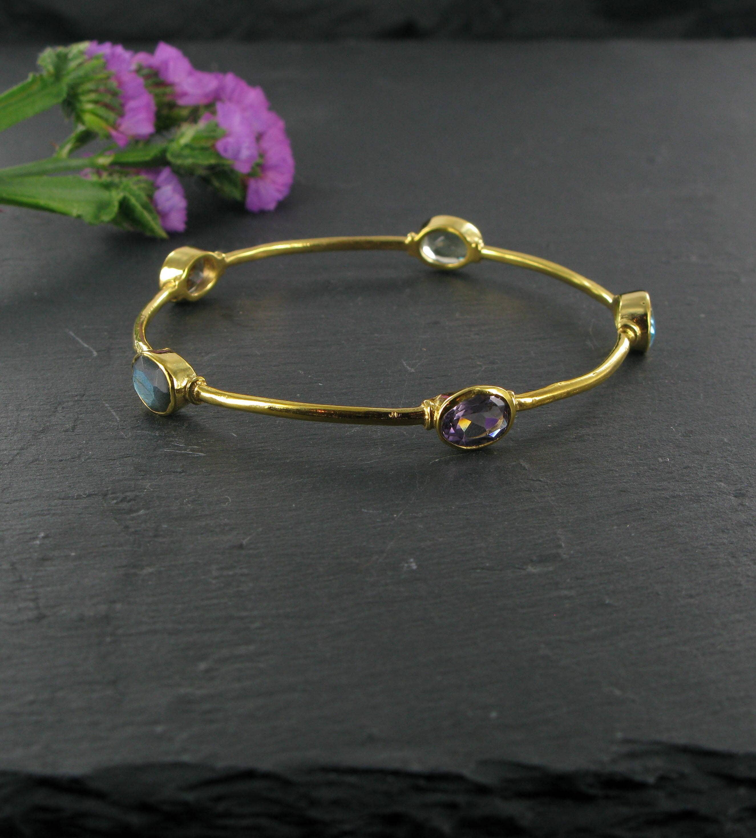 Siren Silver Ltd - Wholesale Bangle Bracelet - Oval Faceted Stone and Brass Bangle7