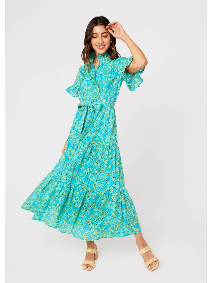 Sadie Maxi Dress Teal and Chartreuse Jasmine Eyelet for wholesale on Faire2