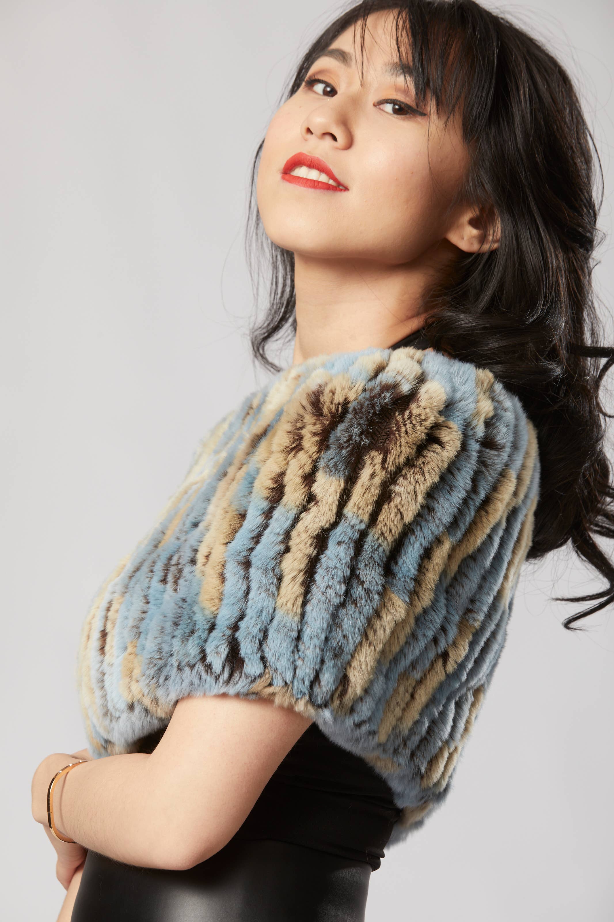 Opulence Fluff - Wholesale Scarf - Women's - Griselle Shrug/ Cape/ Scarf - Rustic Blue & Beige0