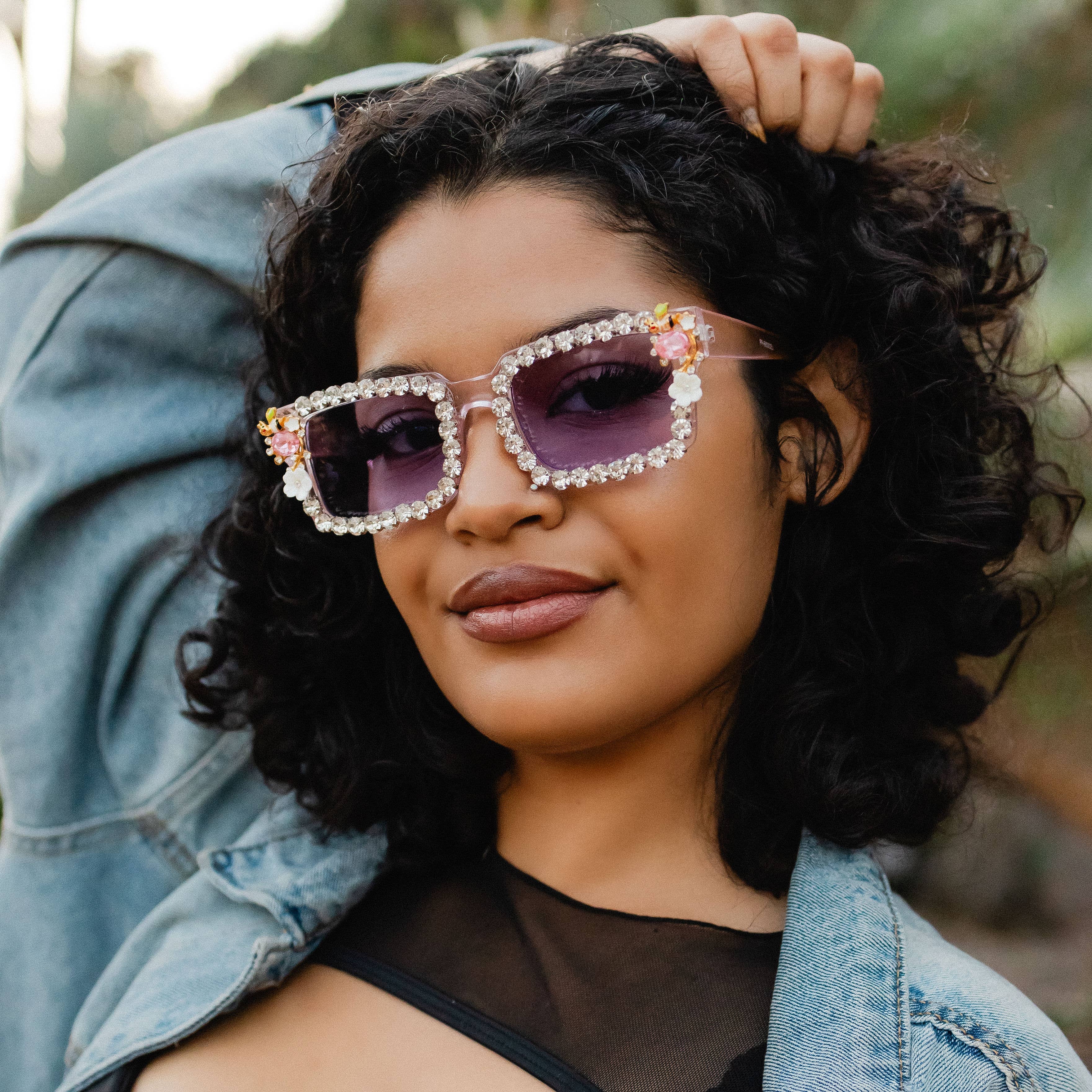 Rhinestone Square Sunglasses in Purple for wholesale on Faire1