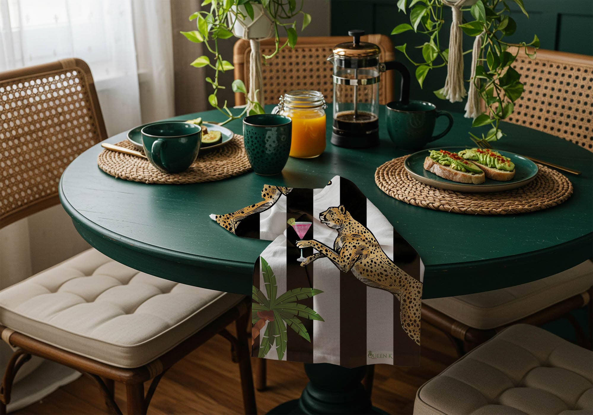 Queen K - Wholesale Tea towel - Cocktail Cheetah Black & White Striped 100% Linen Tea Towel4