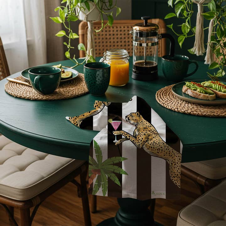 Queen K - Wholesale Tea towel - Cocktail Cheetah Black & White Striped 100% Linen Tea Towel4