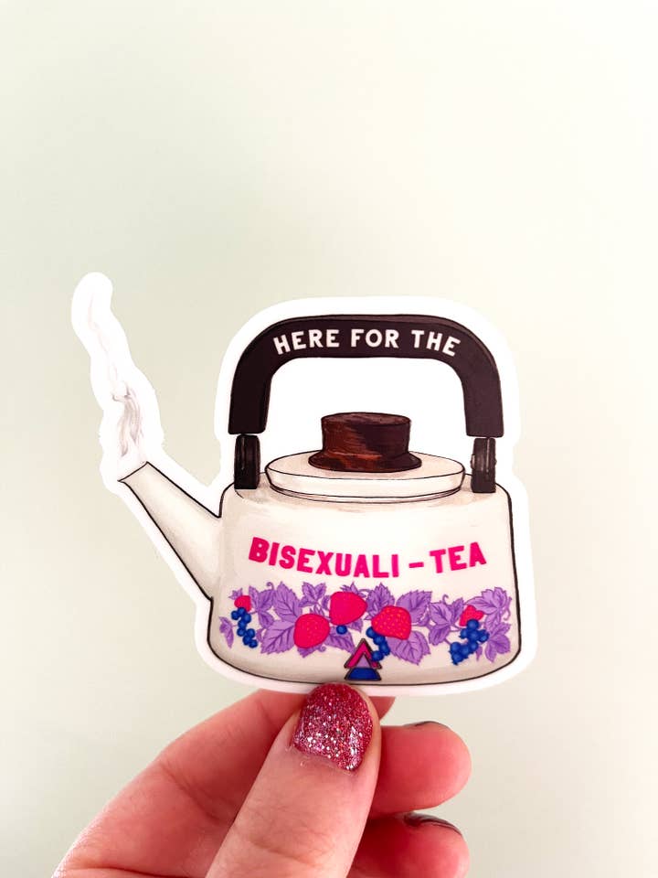 Bi Pride Sticker: Here For The Bisexualitea for wholesale by Fabulously Feminist