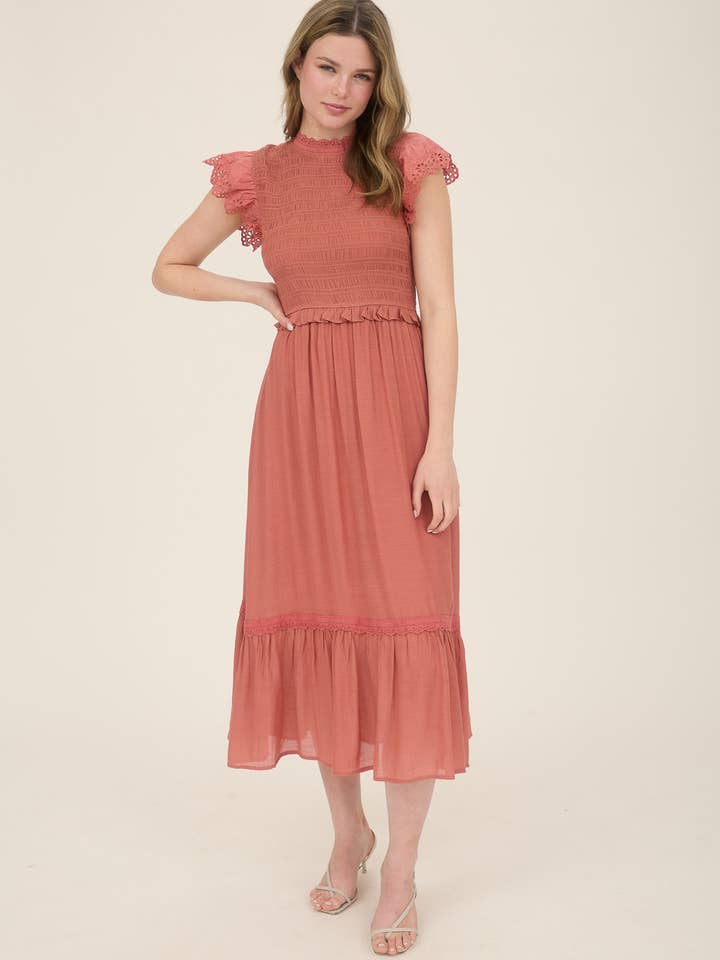 Blu Pepper - Wholesale Dress - Women's - SMOCKED EYELET TRIM RUFFLE DETAIL MIDI DRESS