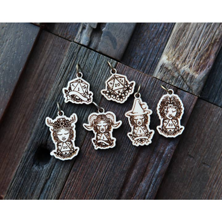 Sunrise Grove - Wholesale Knitting/Crochet Supplies - D20 Dice Stitch Markers Maple Set of 6 DND Classes