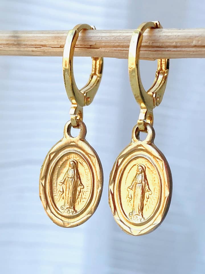Gold Miraculous Mary Hoop Earrings Religious Spiritual Goth for wholesale by Red Truck Designs