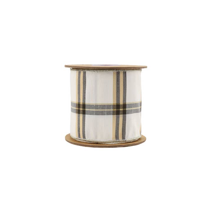 LA Ribbons Wholesale - Wholesale Ribbon - Gift Wrapping - 4" Wired Ribbon | Ivory/Black/Gold Plaid | 10 Yard Roll