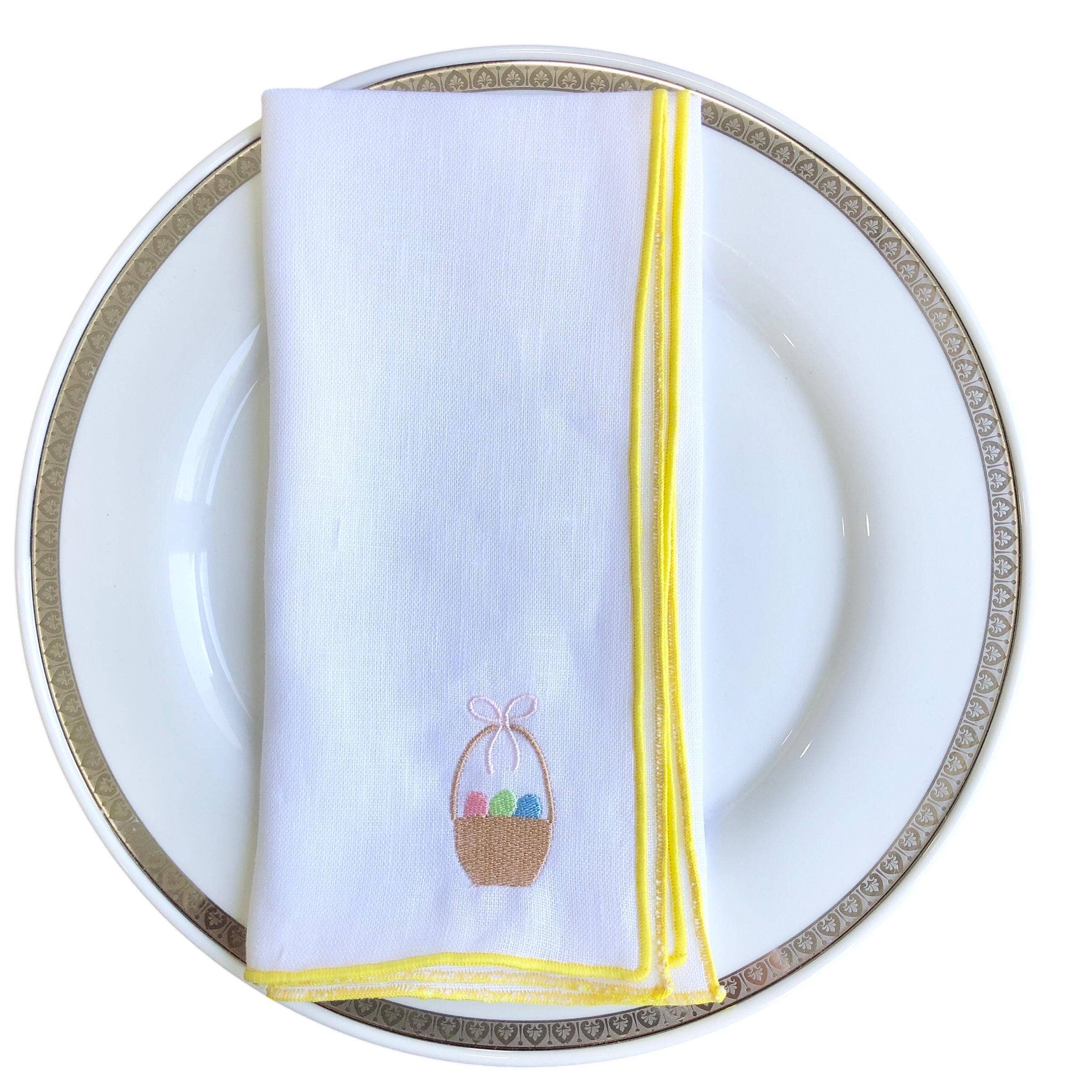 Belle Linen – wholesale Dinner & cloth napkin – Set of 4/6 Embroidered Easter Eggs Basket Linen Napkins5
