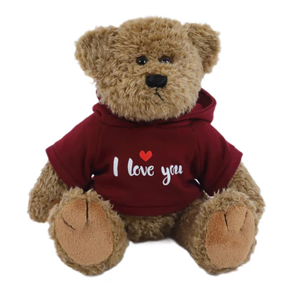 Plushland – wholesale Stuffed/plush toy – Kids & baby – 12" Beige Valentine Bear in Maroon "I Love You" Hoodie 0