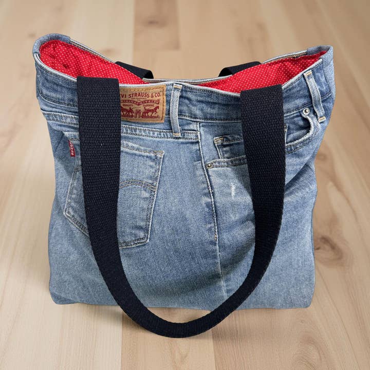 Levi's Upcycled Denim Tote Bag – red dots for wholesale by Indigo Bags