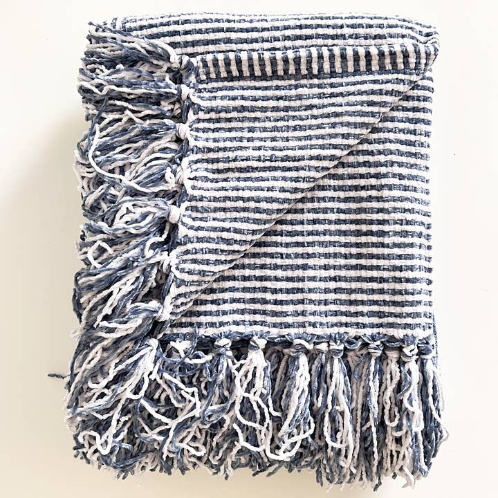 Fennco Styles - Wholesale Throw Blanket - Navy Blue Chenille Woven Striped 50"x60" Throw Blanket