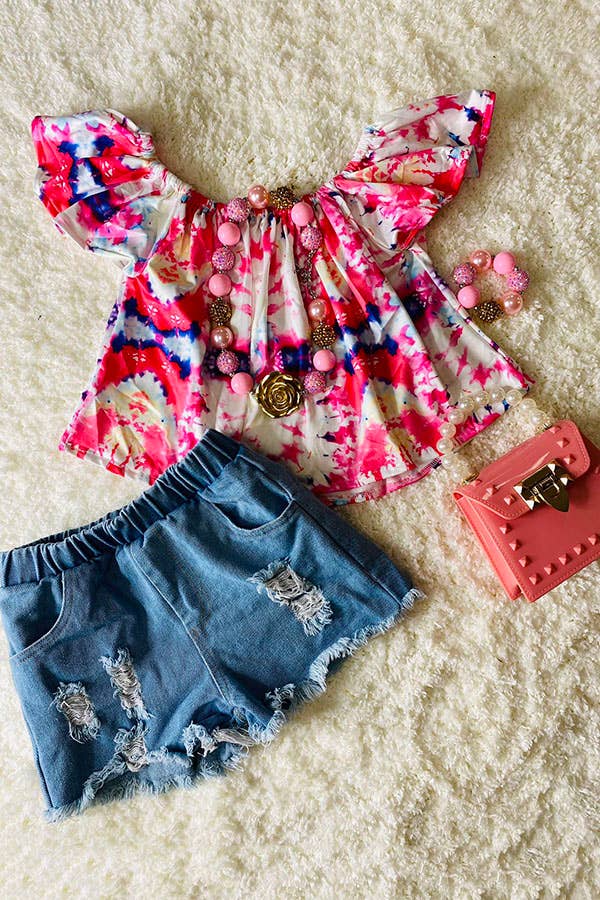 luluclothes - Wholesale Top & Short Set - Kids - DLH2358 Tie dye off the shoulder top light denim shorts sets2
