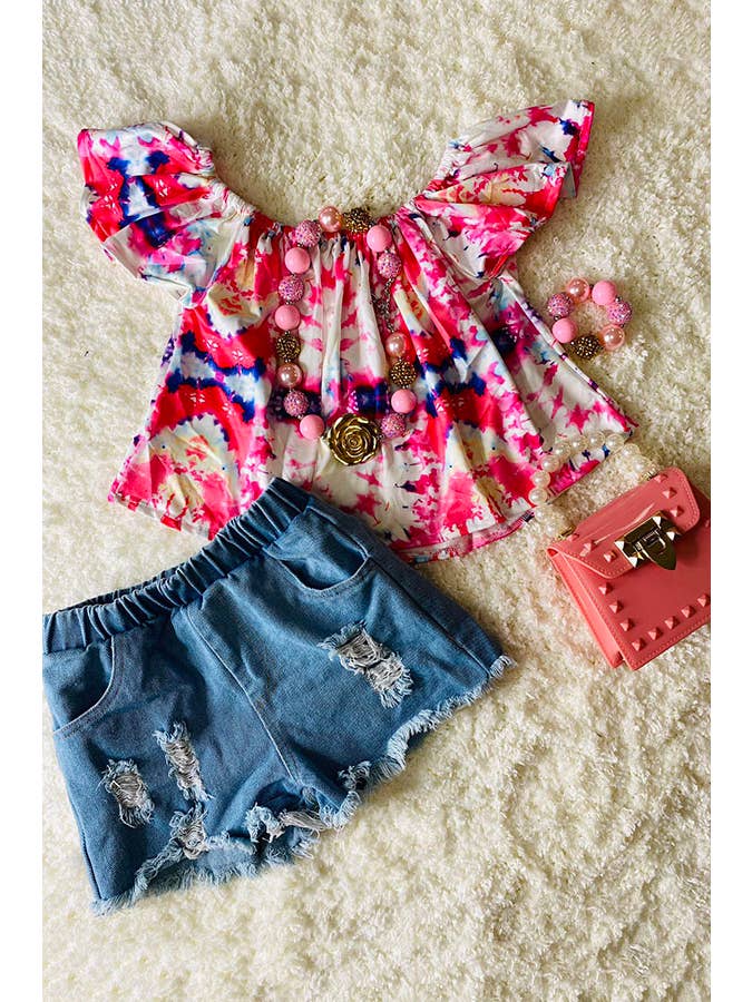 luluclothes - Wholesale Top & Short Set - Kids - DLH2358 Tie dye off the shoulder top light denim shorts sets2