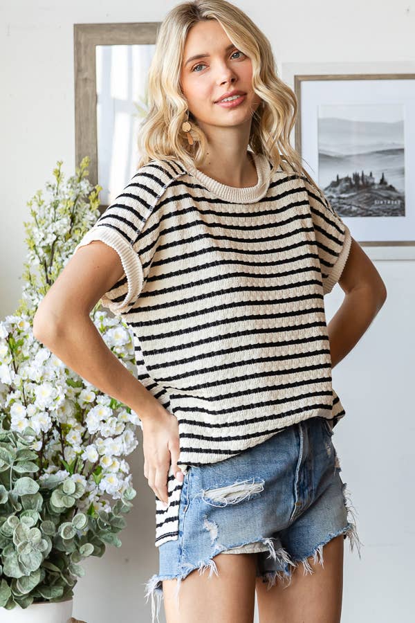 7th Ray - Venta al por mayor Jersey corto de punto - Mujer - Top de manga corta con abertura lateral y textura de rayas T586514