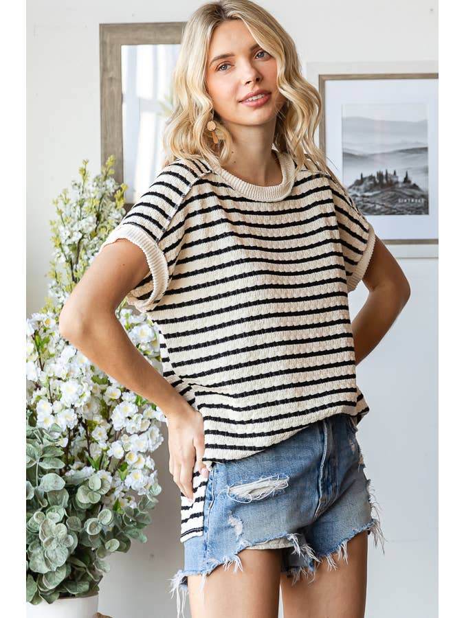 7th Ray - Venta al por mayor Jersey corto de punto - Mujer - Top de manga corta con abertura lateral y textura de rayas T586514