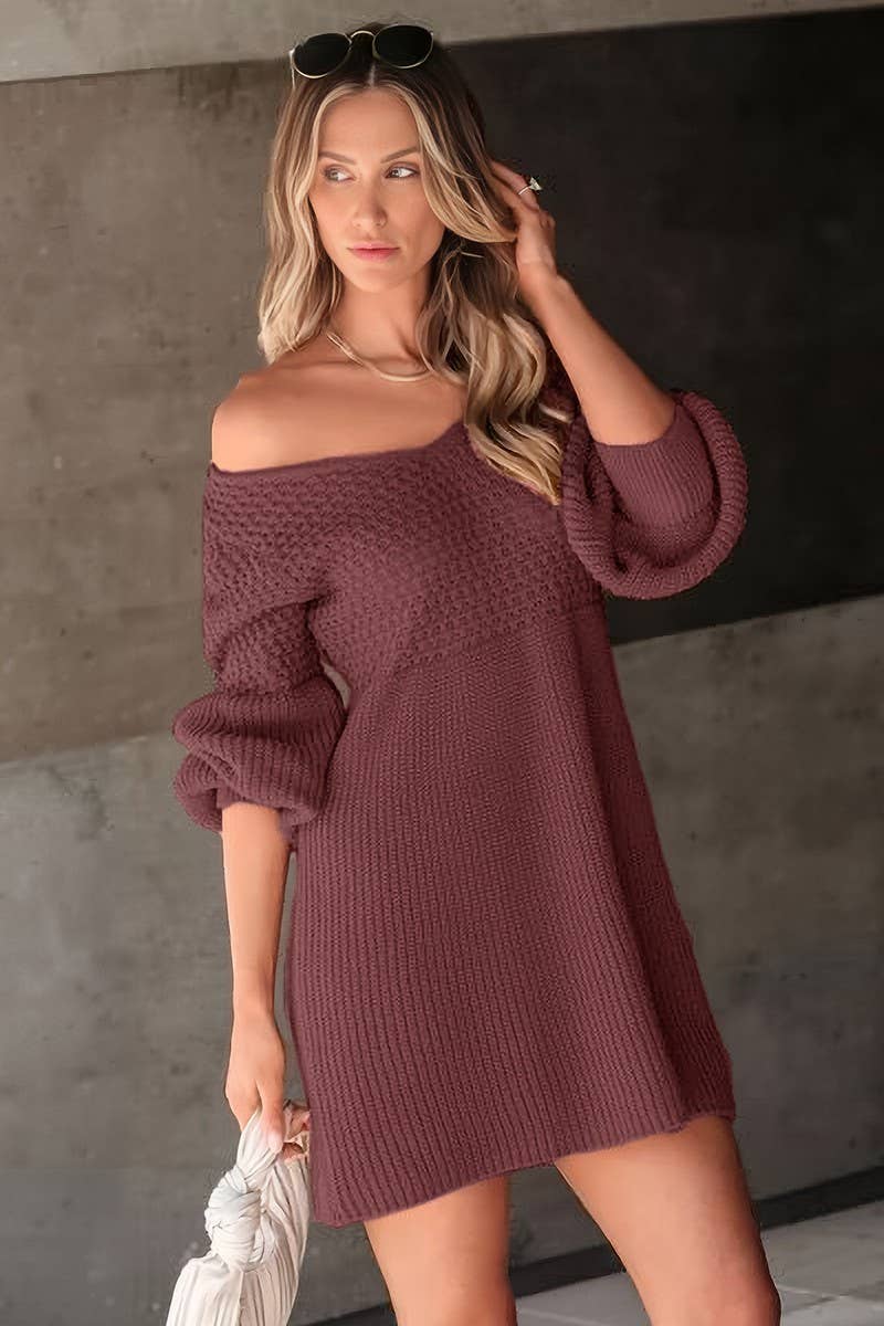 NINEXIS - Vente Robe – femme - ROBE PULL TRICOTÉE À MANCHES BOUFFANTES ET COL EN V CWDSD109515