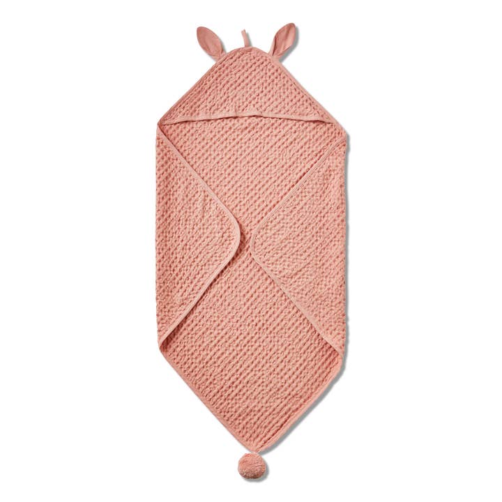 Bunny Hooded Waffleweave Towel Blush Organic Cotton for wholesale by tag
