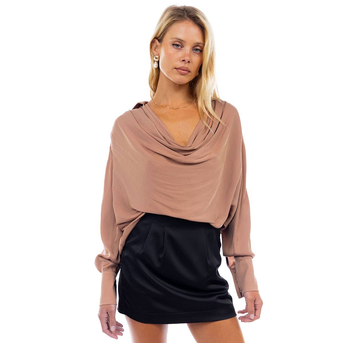 Naked Zebra - Wholesale Blouse - Women's - Draped Cowl Neck Blouse With Buttoned Cuffs7