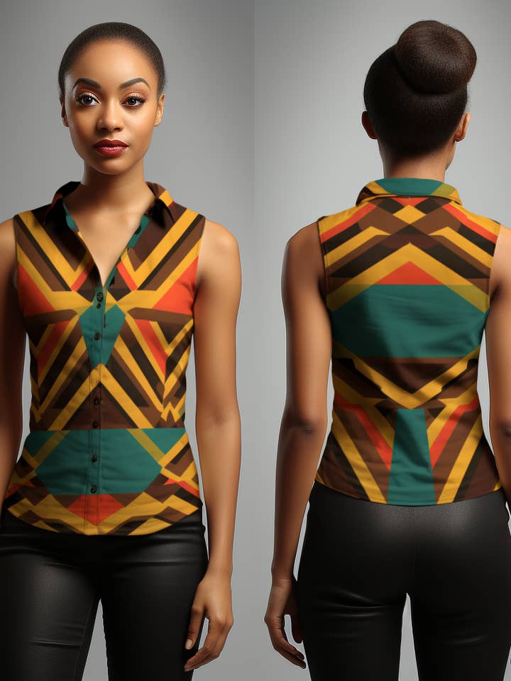 NeoShores - Wholesale Buttoned-down shirt – Women's - Kente Pattern V Neck Half Collar Women Casual Shirt2