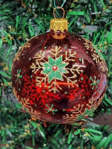 Red Blown Glass Ornament - Green & Gold Snowflake - Red Ornament - Hand Made In Ukraine - Hand Painted - Keepsake Ornament-Transparent Glass for wholesale by Glass by Iness