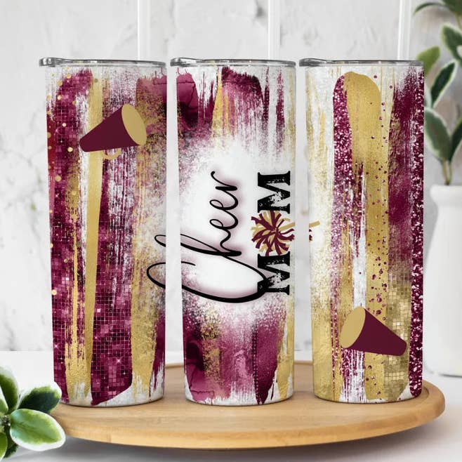 Cheer Mom Gold Maroon Glitter penseelstreken #1 | Tumbler voor wholesale door Designs by Robyn