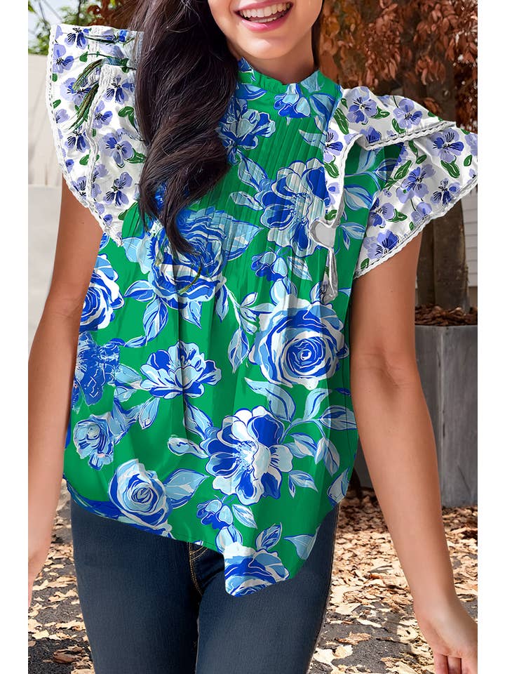 Green Floral Lace Trim Ruffle Sleeve Pleated Loose Blouse (S-XL) for wholesale on Faire