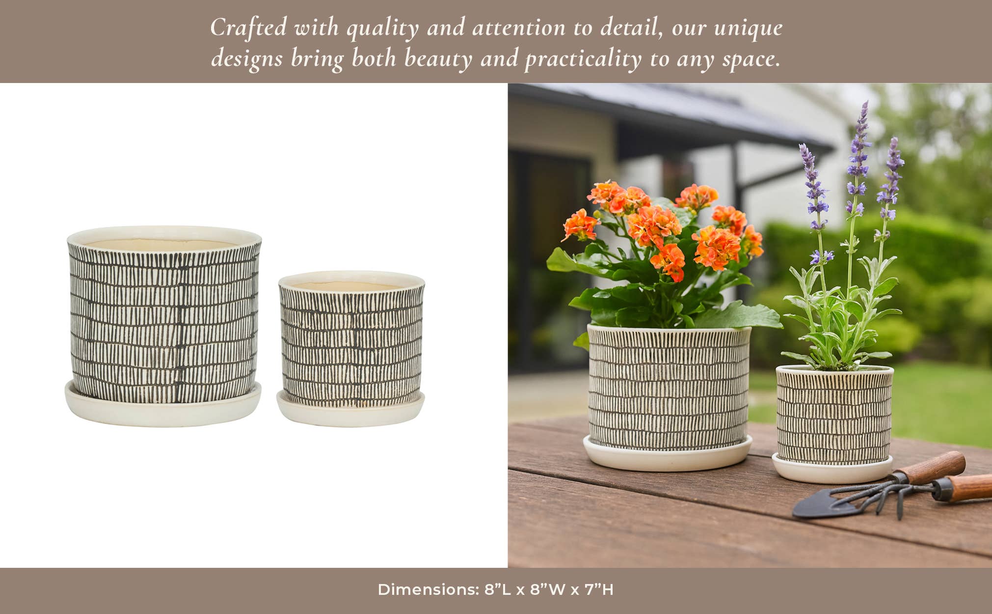 Sagebrook Home - Wholesale Plant Pot - Planters Set of 2 - Ivory Ceramic Line with Saucer, 6/8 in.11