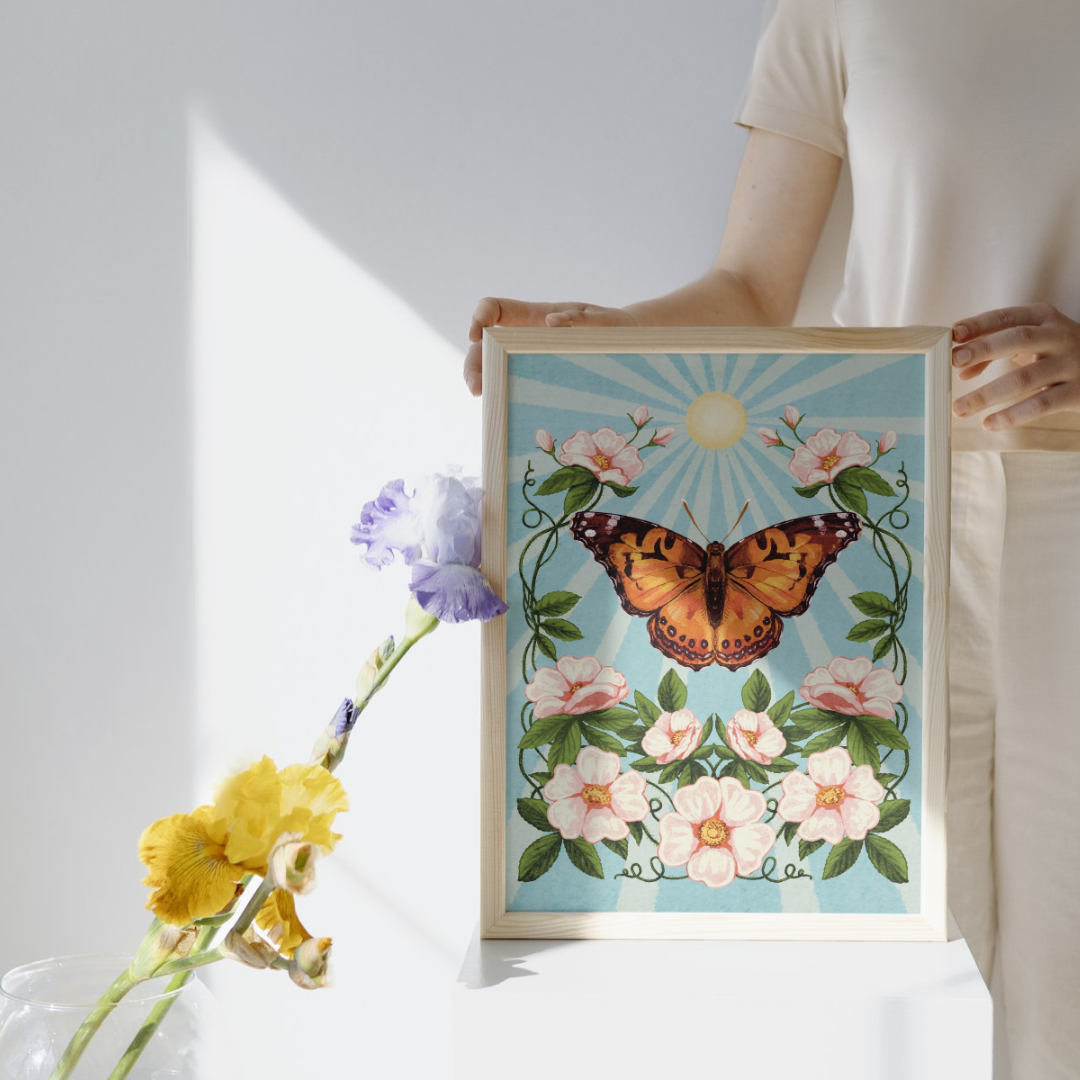Folk Meadow - Wholesale Art Print - Painted Lady Butterfly & Wild Roses Sunshine Print - 8x101