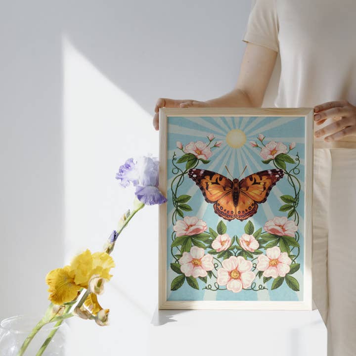 Folk Meadow - Wholesale Art Print - Painted Lady Butterfly & Wild Roses Sunshine Print - 8x101