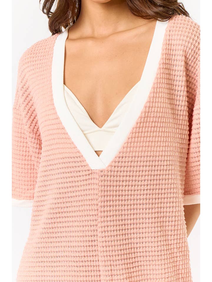 ROSE BR24220 CROCHET OPEN KNIT CONTRAST DEEP V-NECK ROMPER for wholesale on Faire