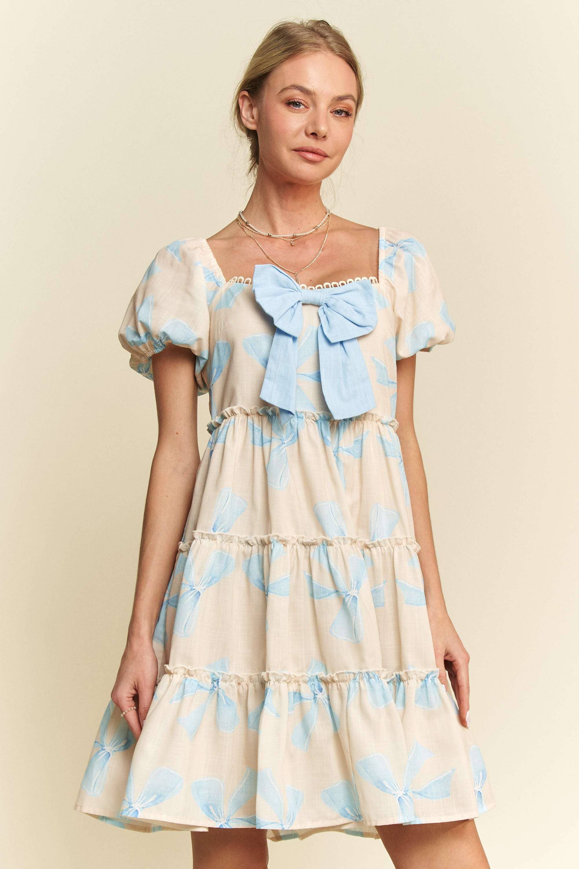 Davi & Dani - Wholesale Dress - Women's - BOW PRINTED PUFF SMOCKING BACK TIERED DRESS3