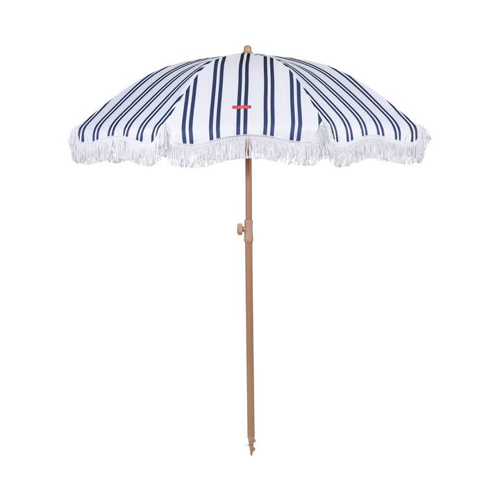 Ombrellone bianco con spesse righe blu per la vendita all'ingrosso da parte di Flamingueo