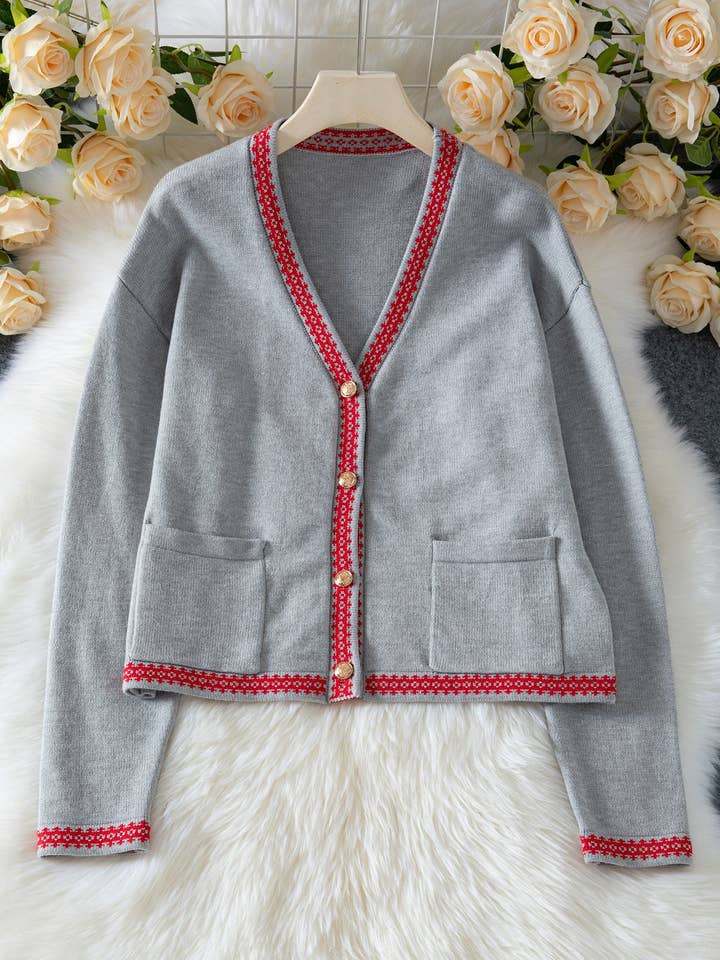 Gray Button-Front Knit Cardigan for wholesale on Faire