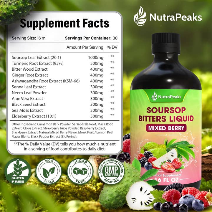Naomi's Happy Place Shop - Wholesale Oral Supplement/Vitamin - Soursop Bitters Liquid – Herbal Detox Formula with Soursop, Ginger, Turmeric & Black Seed Mixed Berry Flavor1