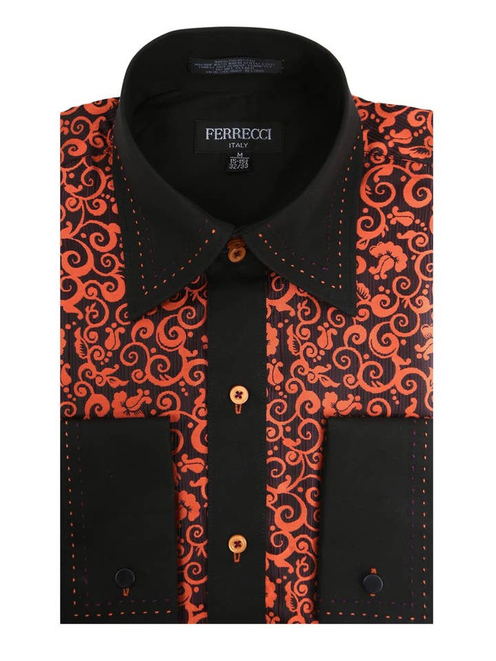 Ferrecci Herren Satine Hi-1024 Schwarz & Orange Scroll-Muster Button-Down-Hemd für den Großhandel von Ferrecci