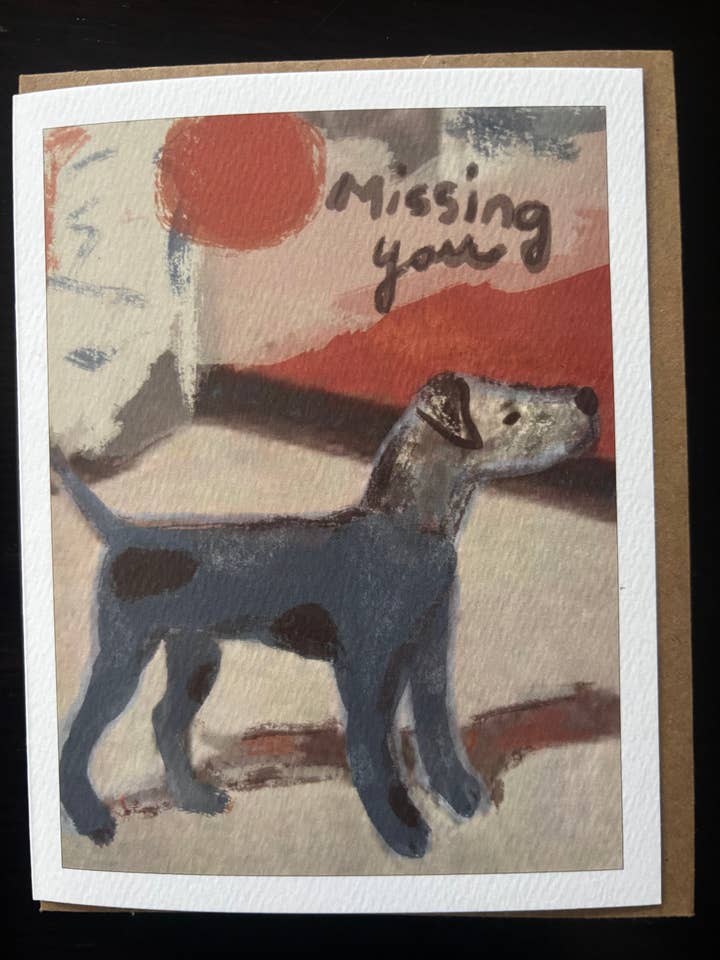 Missing you heartfelt beautifully illustrated dog pet card for wholesale by Bernie Street Studios