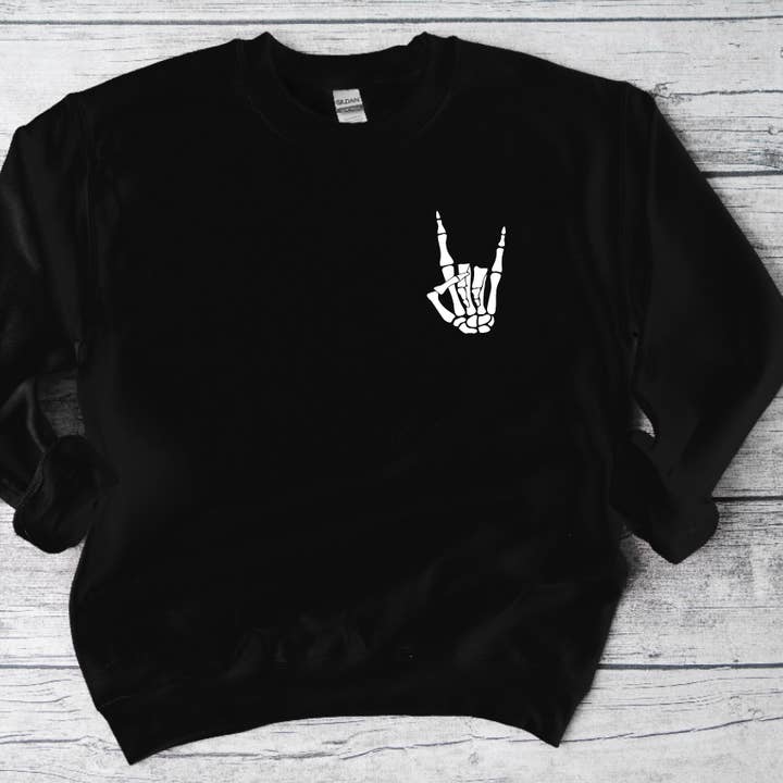 Rock On Skelly Crewneck for wholesale by Highland Gray