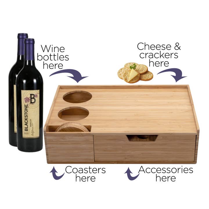 MobileVision - Wholesale Serving Tray - Bamboo Wine & Cheese Serving Tray with Drawer8