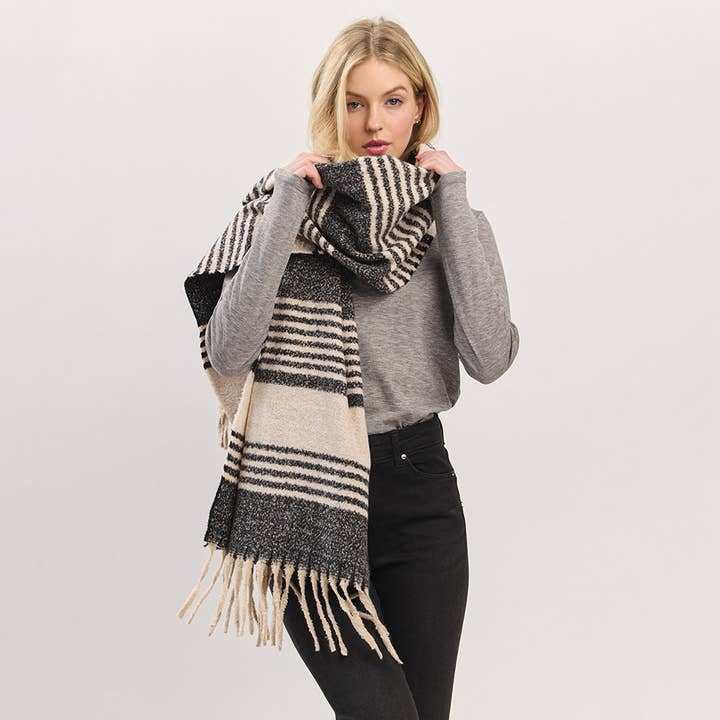Sensibling Corp. - Wholesale Scarf - Women's - Oversized Super Soft Striped Fringe Scarf10
