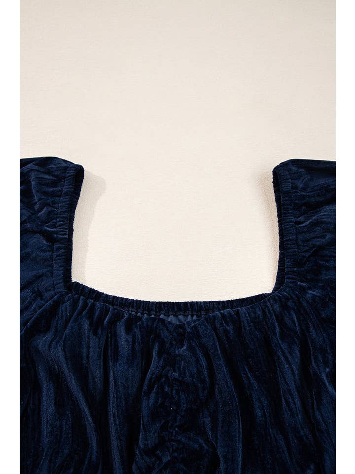 Navy Blue Plus Size Ruched Velvet Puff Sleeve Mini Dress for wholesale on Faire7