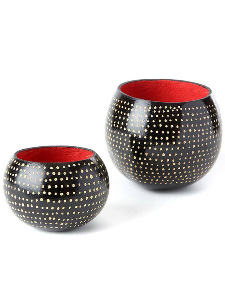 Set of Two Black Guinea Fowl Calabash Gourd Cups for wholesale by Swahili | AFRICAN MODERN