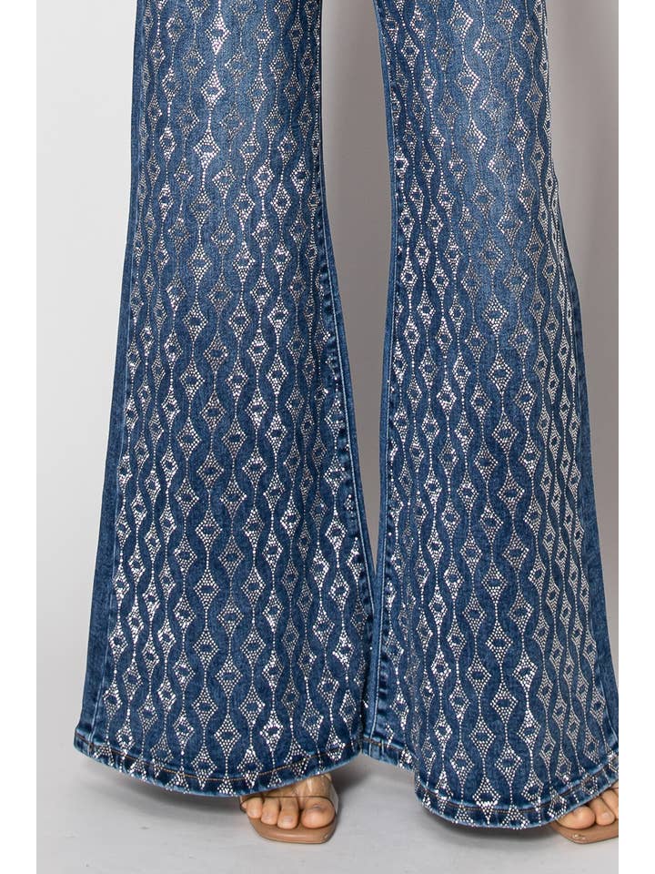 Nina Rossi Jeans - Wholesale Jeans - Women's - D25-4-A - Embellished wide leg medium blue denim jeans