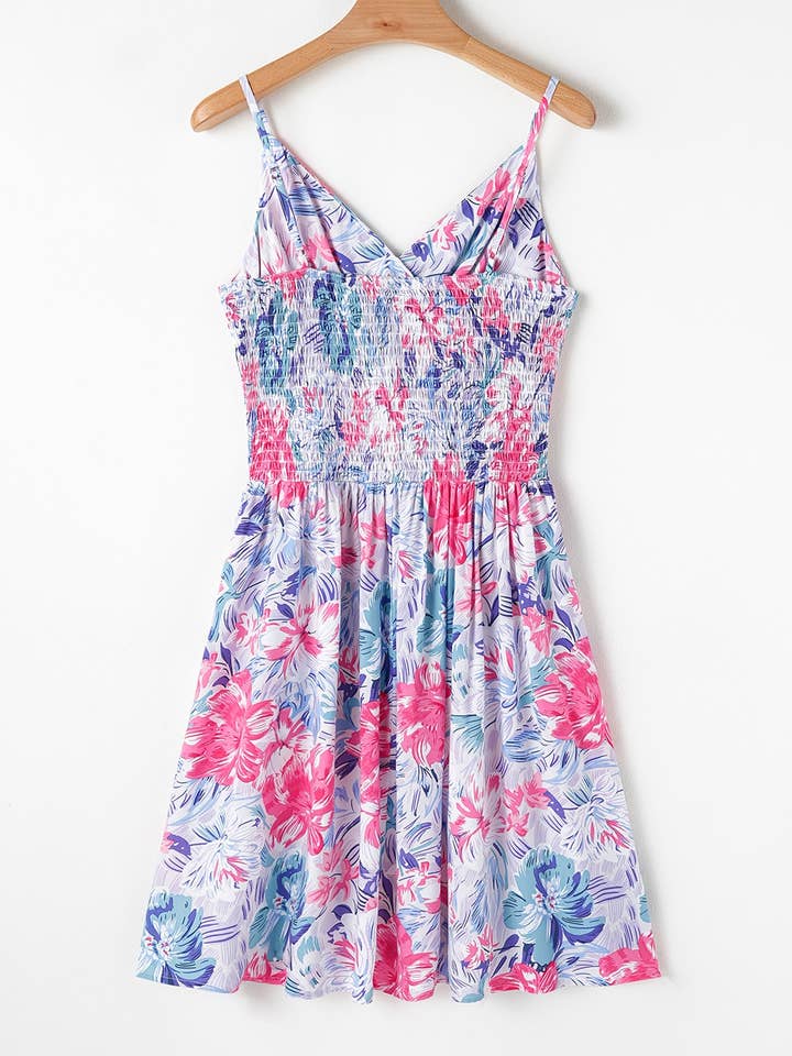 Blue Floral Spaghetti Strap Surplice Neck Shirred Waist Mini Dres for wholesale on Faire1