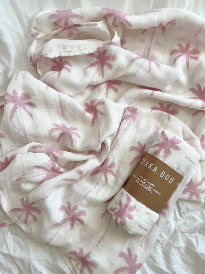Seaka Boo - Wholesale Swaddle - Baby - WRAP ~ Bamboo/Cotton ~ Pink Palm Tree
