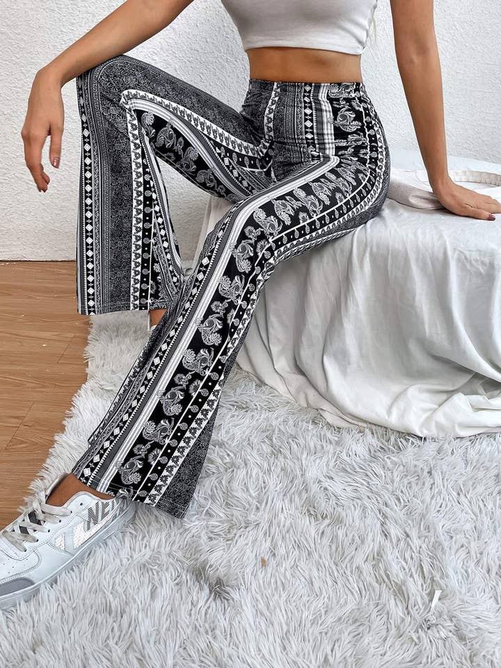 FLERFÄRGAD randiga blommiga tryck flare ben byxor för wholesale på Faire1