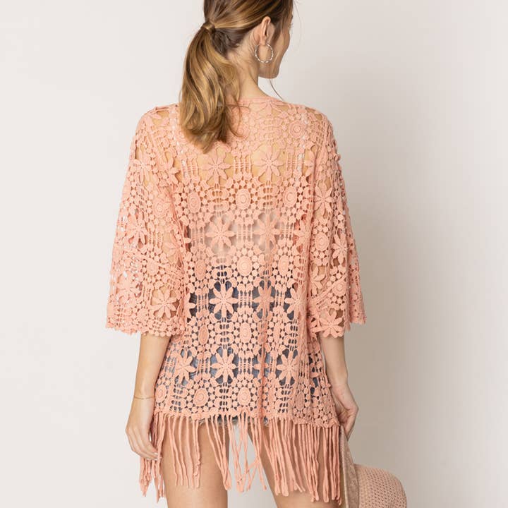 Fashion City - Vente Cardigan – femme - Cardigan en crochet à franges à motifs floraux12